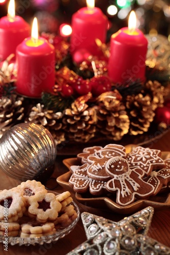 Christmas cookies and decorations on a table