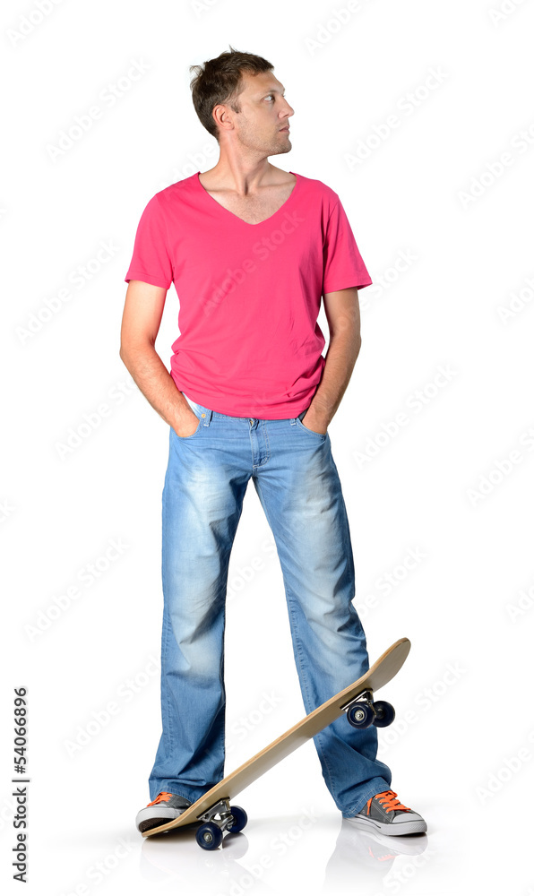 Man with skateboard on white background Man with skateboard on white background
