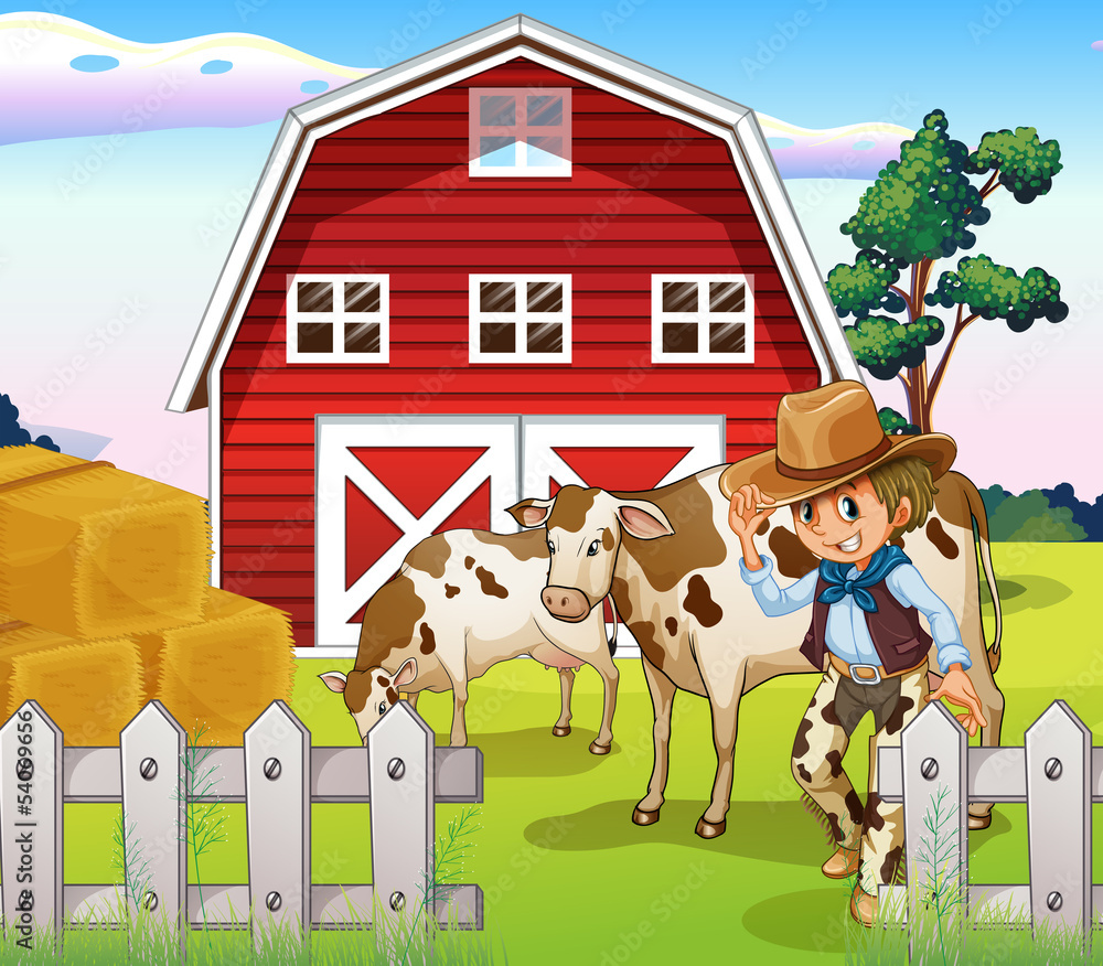 A cowboy inside the farm with cows and a barnhouse A cowboy inside the farm with cows and a barnhouse