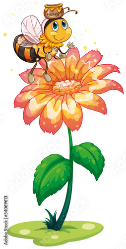 A bee with a pot of honey flying above the fresh flower