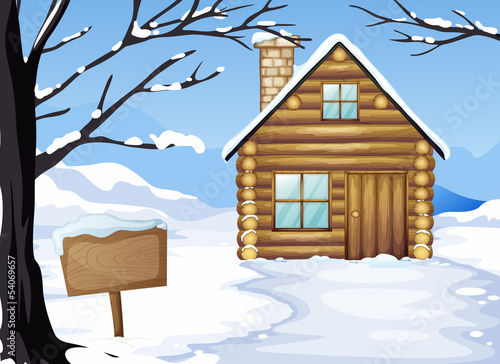 A wooden house near the empty signboard