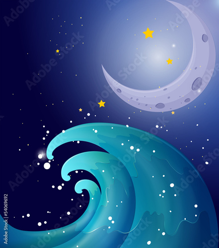 An image of a big wave and a moon