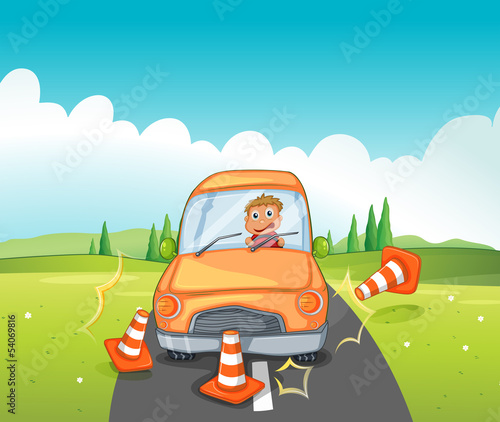 A reckless driver bumping the traffic cones
