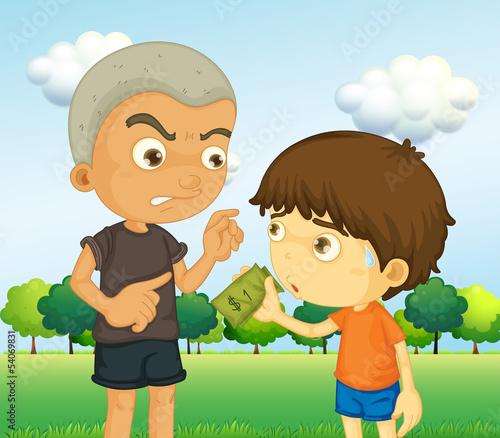 A boy scolding a kid with a money