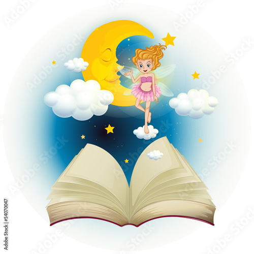 An open book with a cute fairy and a sleeping moon