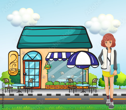 A girl in front of the coffee shop