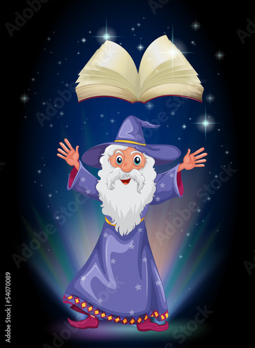 An old wizard below the floating empty book