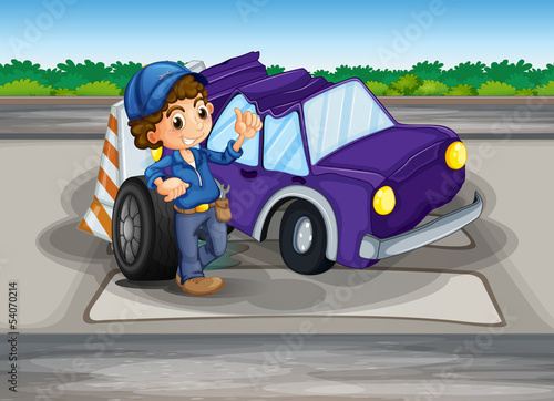 A pedestrian lane with a broken car and a young boy