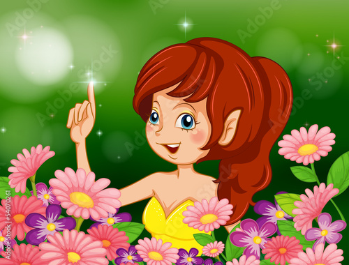 A pretty fairy in the garden with pink and purple flowers