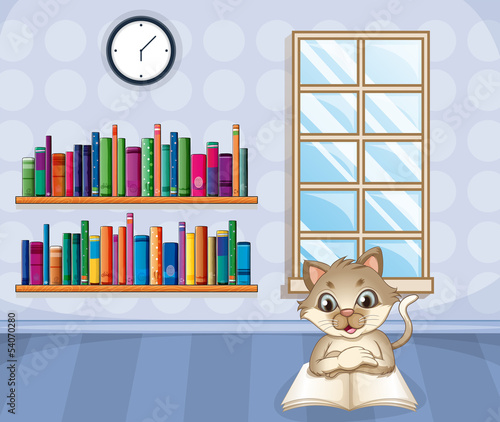 A cat reading a book inside the house