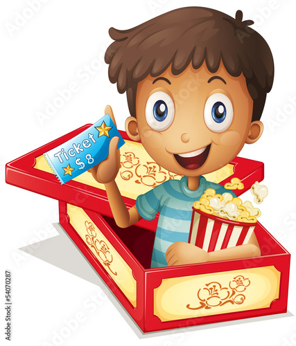 A boy inside the box holding a popcorn and a ticket