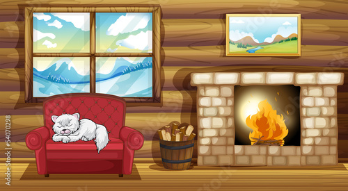 A cat sleeping at the sofa near the fireplace