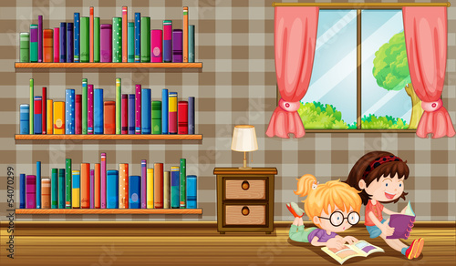Two girls reading books beside the bookshelves