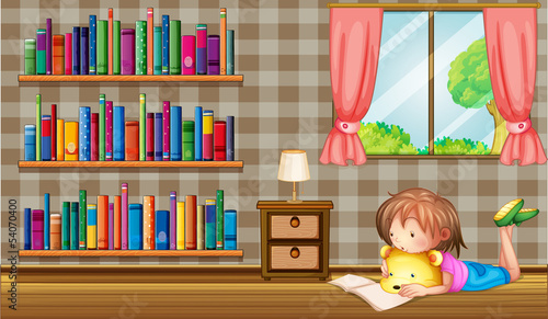 A girl reading a book near a window with a pink curtain