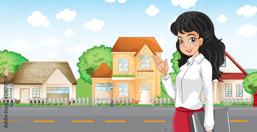 A lady with a formal attire standing across the neighborhood