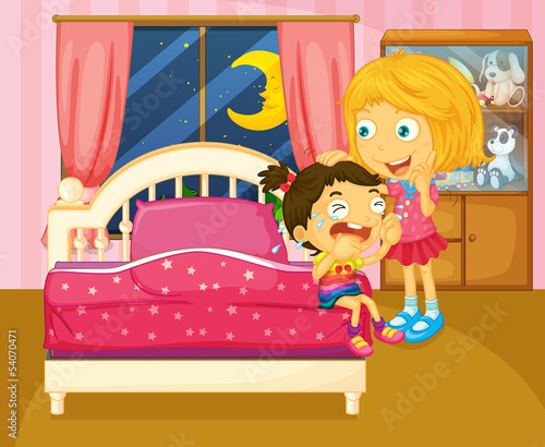 A little girl crying beside her sister inside the room