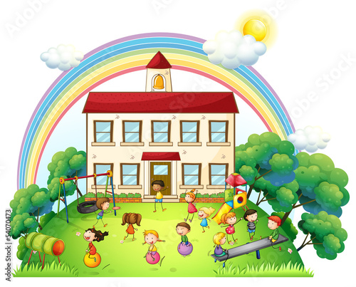 Children playing in front of the school
