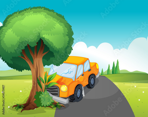 A car crash at the road with a big tree