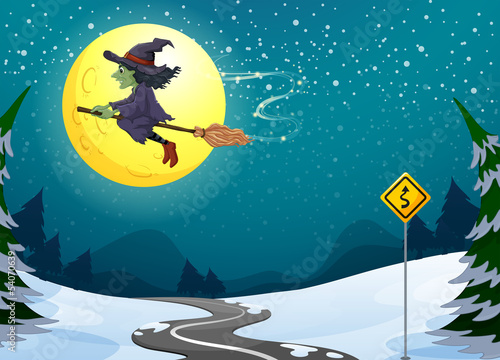 A witch floating with her broomstick