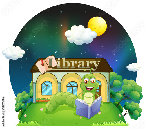 A worm reading a book in front of the library