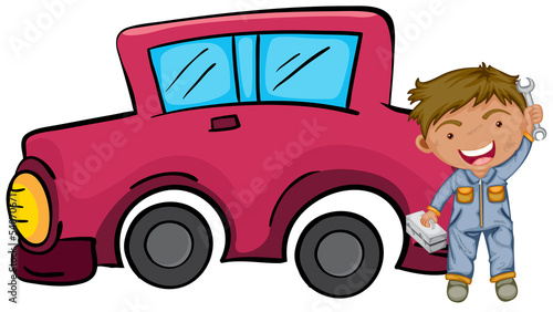 A happy boy holding his tools in front of the pink car