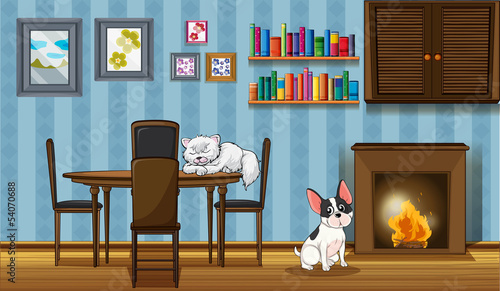 Pets inside a house near the fireplace