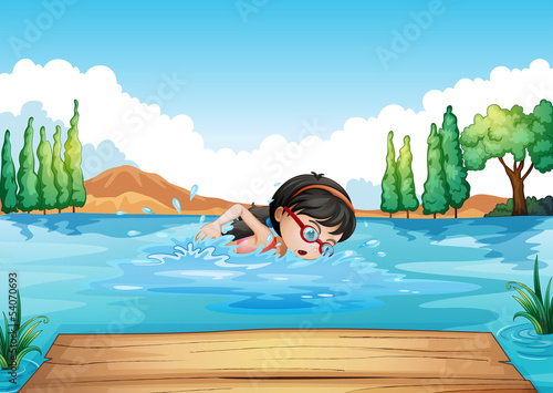 A young woman swimming in the river