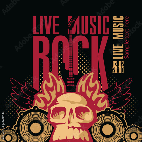 poster for a rock concert with a human skull and electric guitar