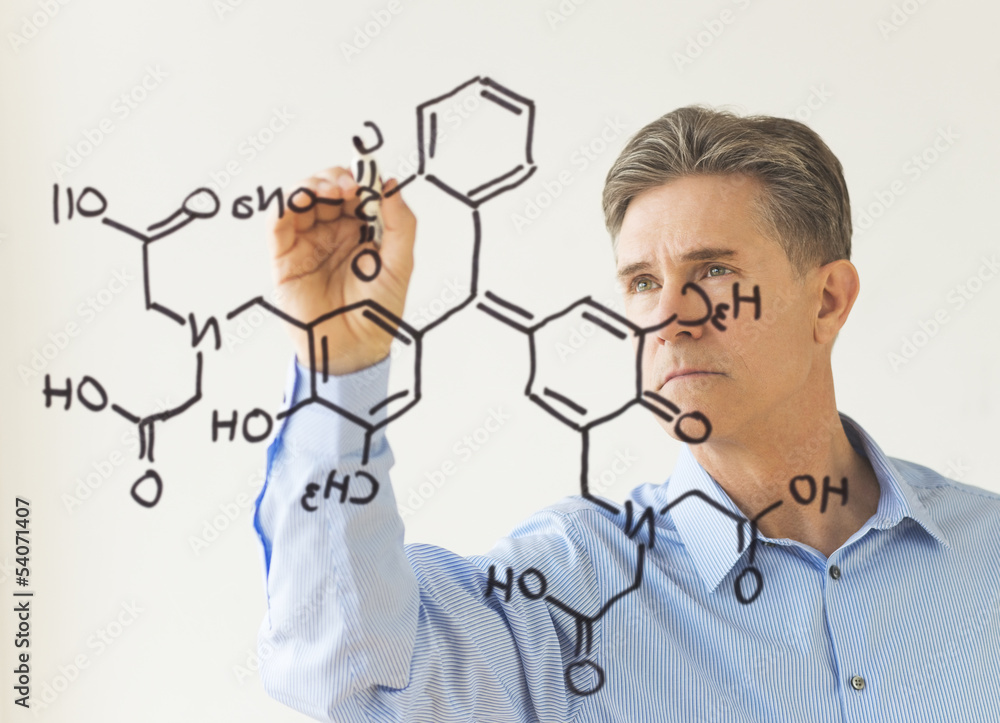 Scientist Drawing Molecular Structure On Transparent Board Scientist Drawing Molecular Structure On Transparent Board
