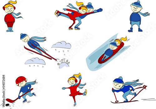 Set of eight pictures with winter sports