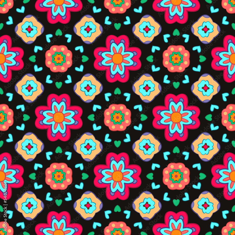 Geometric flower abstract colorful pattern on black background. Geometric flower abstract colorful pattern on black background.