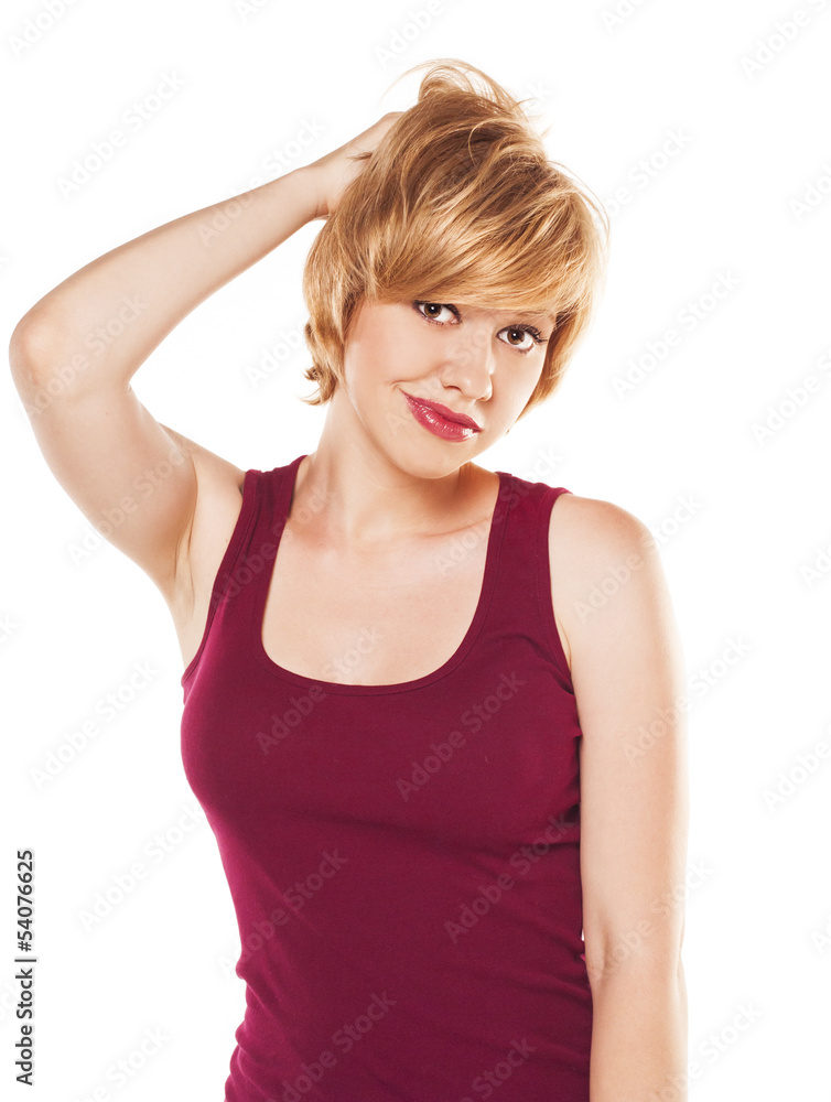 blonde in red. looking at the camera blonde in red. looking at the camera