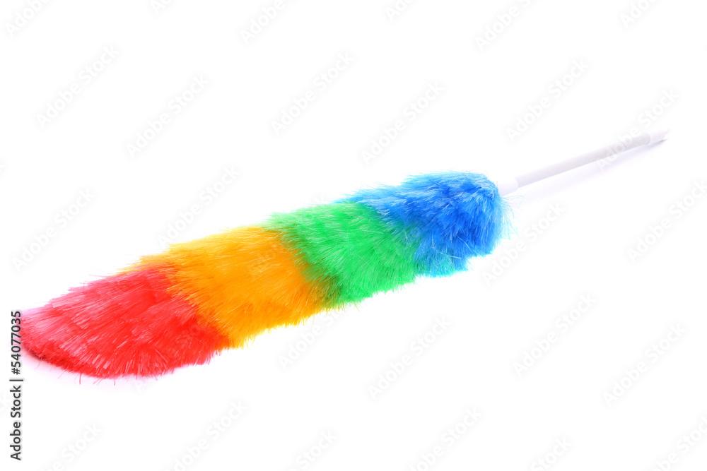 Soft colorful duster with plastic handle close-up Soft colorful duster with plastic handle close-up