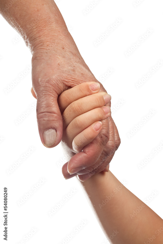 Elderly and young hands holding together isolated