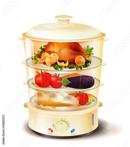 realistic illustration of the steamer filled with food