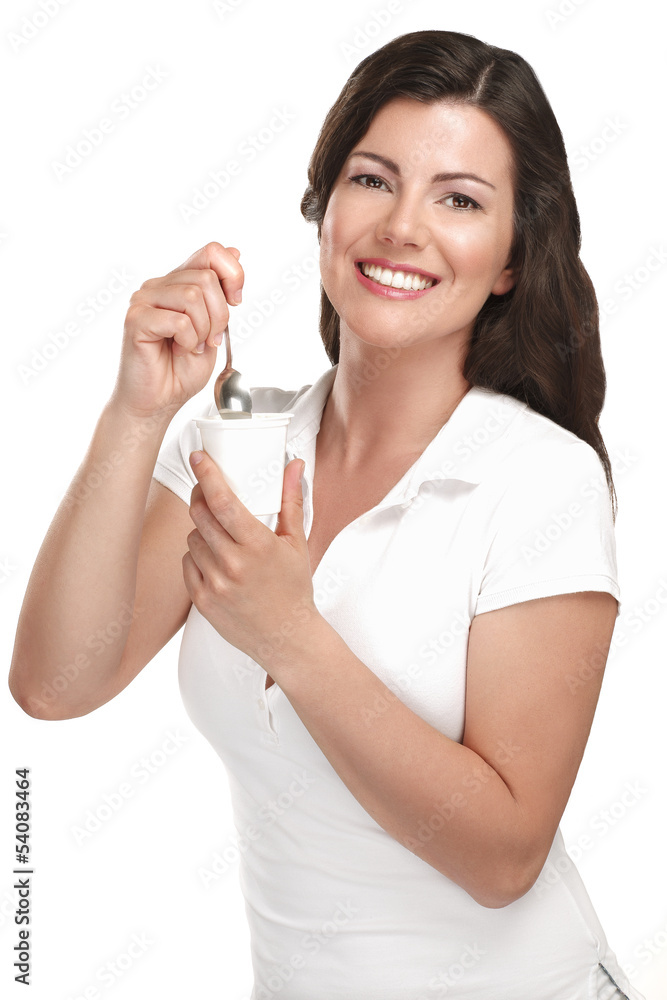 young beautiful smiling woman eating fresh yogurt young beautiful smiling woman eating fresh yogurt