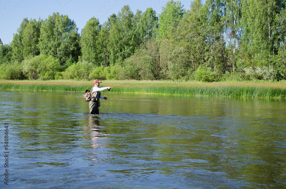 Fisherman catches of chub fly fishing in the Chusovaya river Fisherman catches of chub fly fishing in the Chusovaya river