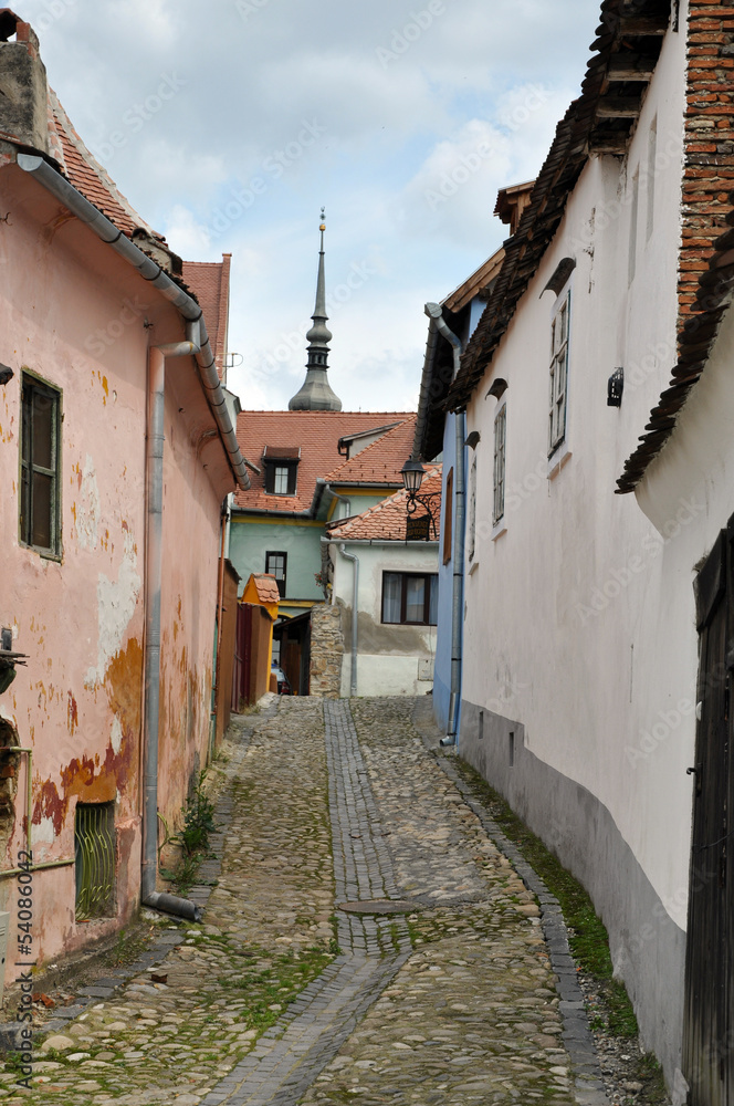 Street in Sighisoara medieval city, Romania