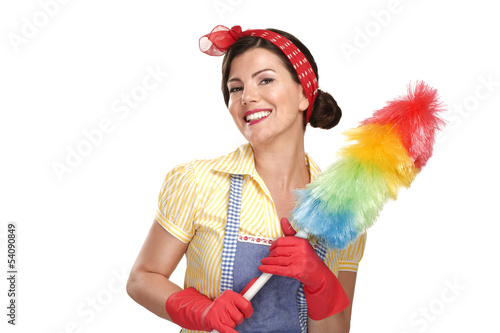 young happy beautiful woman maid dusting on white