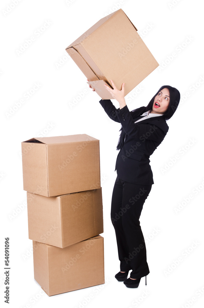 Woman with lots of boxes on white Woman with lots of boxes on white