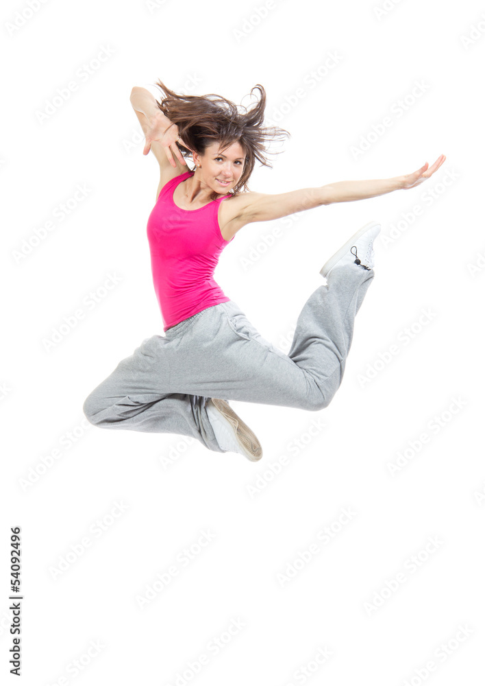 modern slim hip-hop style teenage girl jumping dancing