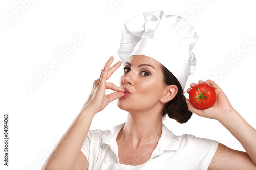 young woman chef showing ingredients for italian food