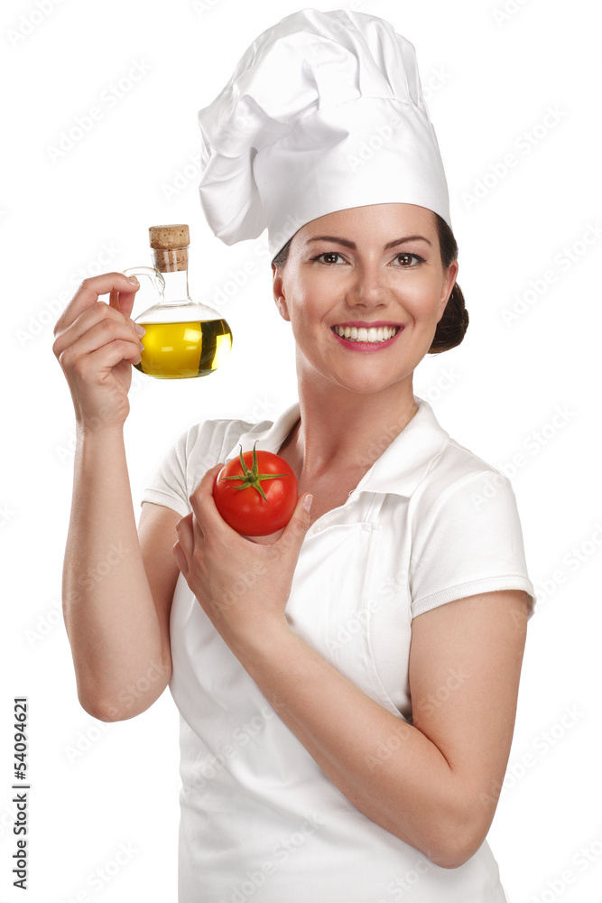 young woman chef showing ingredients for italian food young woman chef showing ingredients for italian food