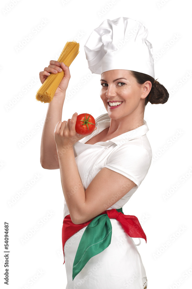 young woman chef showing ingredients for italian food young woman chef showing ingredients for italian food