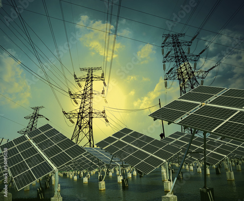 solar energy panels and Power transmission tower
