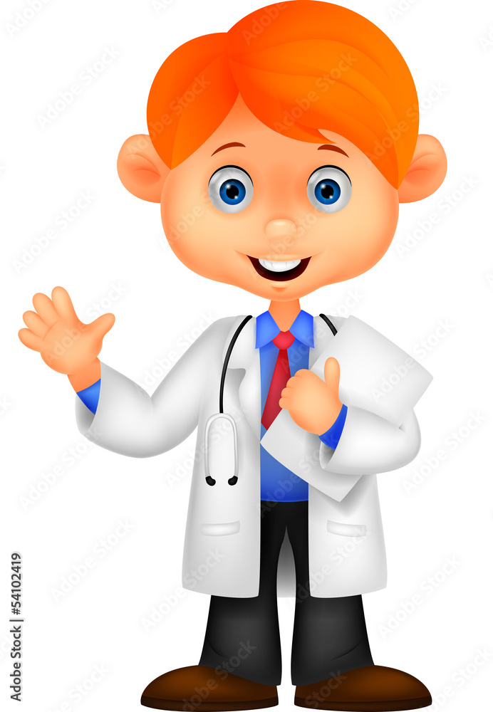 Cute little male doctor waving hand