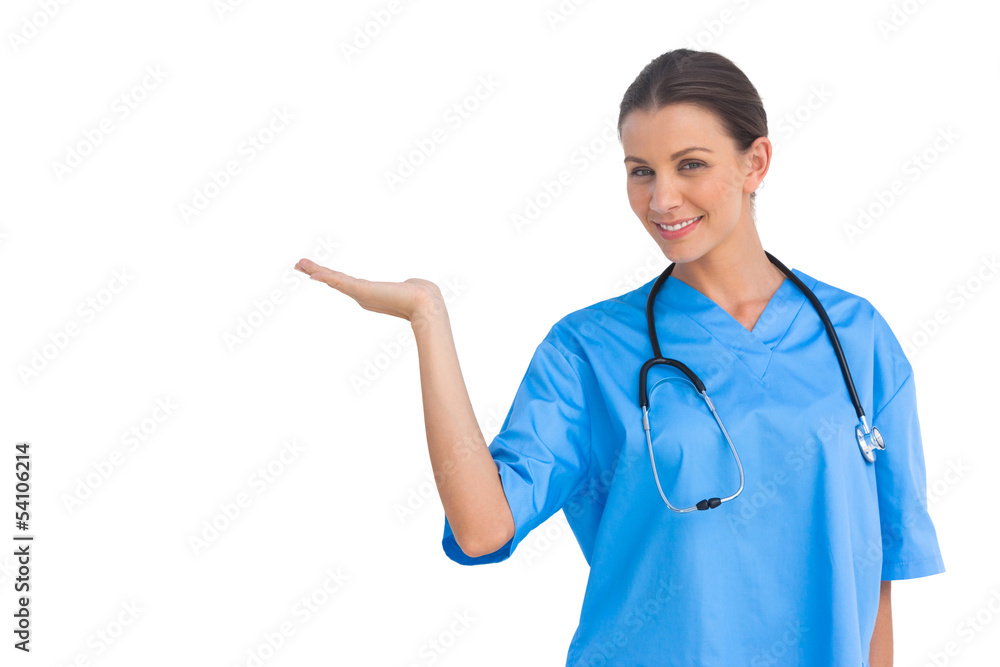 Surgeon holding up hand in presentation Surgeon holding up hand in presentation