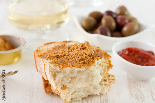 sardine pate with bread and olives