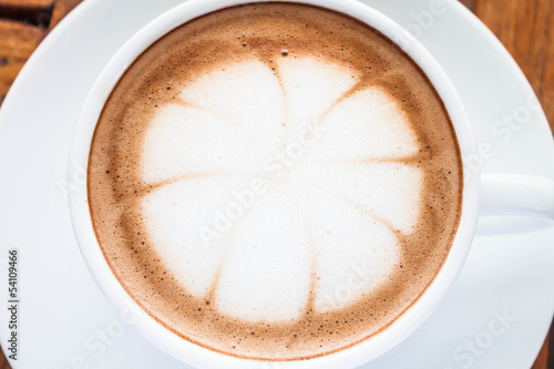 Close up hot cafe mocha in white cup