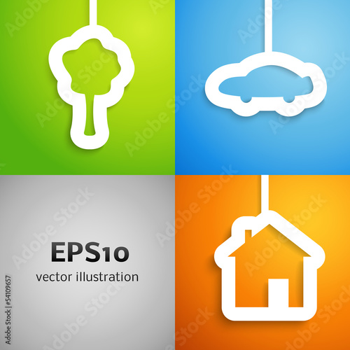 House, car and tree applique background set. Vector